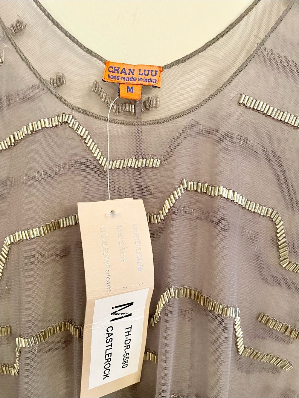 NWT- Chan Luu Silk Chiffon Embellished Beaded Overlay Dress Tunic Gray Medium - Picture 7 of 12